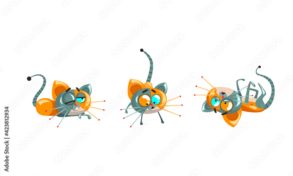 Cute Robotic Cat with Metal Tail and Whiskers Lying and Rolling Vector Set