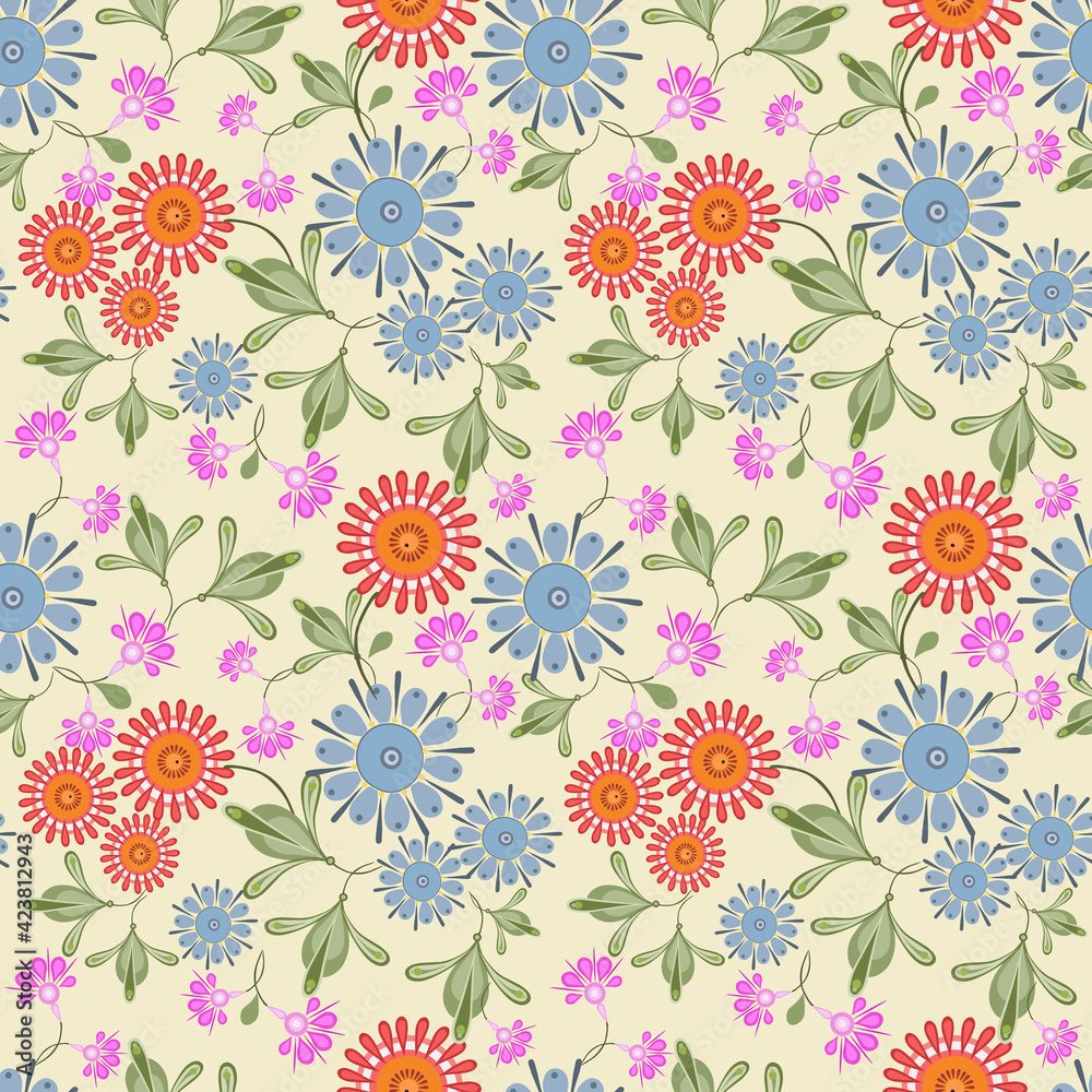 Floral seamless pattern in ethnic painting style. Elegant vector hand drawn texture with small flowers, leaves, buds. Modern folk ornamental background. Bright summer colors. Repeat decorative design