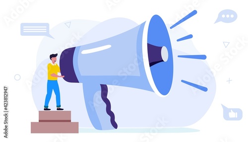 Professional speaker with megaphone Tiny people creative trainees or company members listening to the performance to skilled coach or senior colleague Vector illustration flat design style