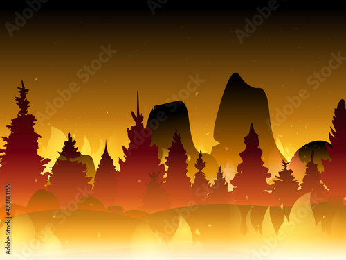 Fire in forest flat vector illustration. Wildfire background. Burning forest vector horizontal banner.