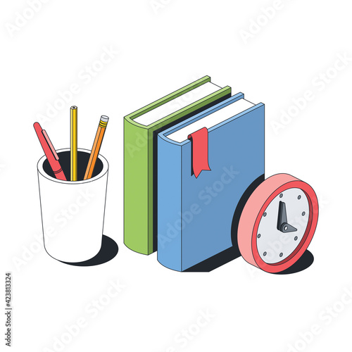 Education books textbooks, time clock, student cap, stroke illustration. Vector 3d line isometric, color web icons, new flat style. Creative design idea for infographics.