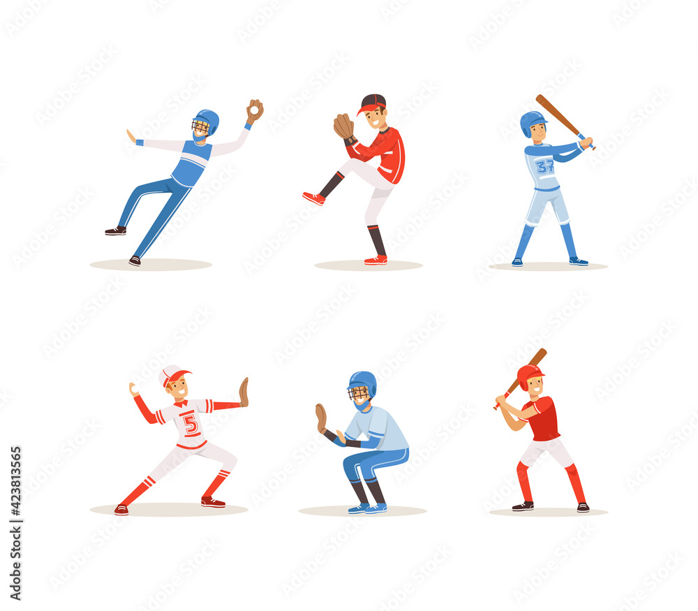 Baseball Players Set, Cheerful Softball Athletes Characters in Red and Blue Uniform Cartoon Vector Illustration