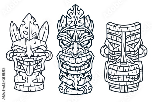 Photography Set of trendy hawaii wooden tiki mask for surfing bar
