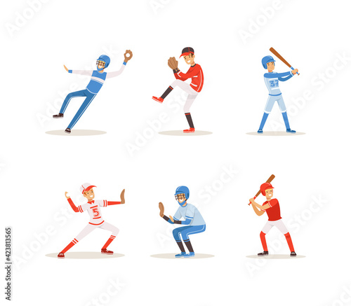 Baseball Players Set  Cheerful Softball Athletes Characters in Red and Blue Uniform Cartoon Vector Illustration