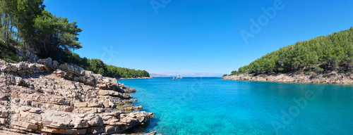 WIld pine forest along Hvar island, coastline of Adriatic Sea. Maslinica Beach, Public bathing place near Vrboska village. Hvar island, Dalmatia, Croatia, panoramic banner image. © tilialucida