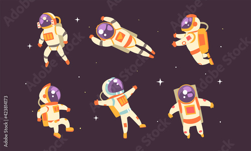 Astronauts Floating in Outer Space Set, Spaceman in Spacesuit Performing Extravehicular Activity Vector Illustration