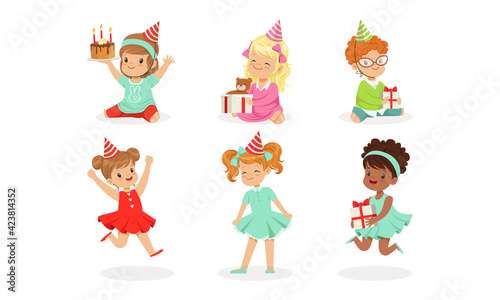 Kids Celebrating Birthday with Gift Boxes Set, Happy Adorable Little Boys and Girls Having Fun at Party Cartoon Vector Illustration © topvectors