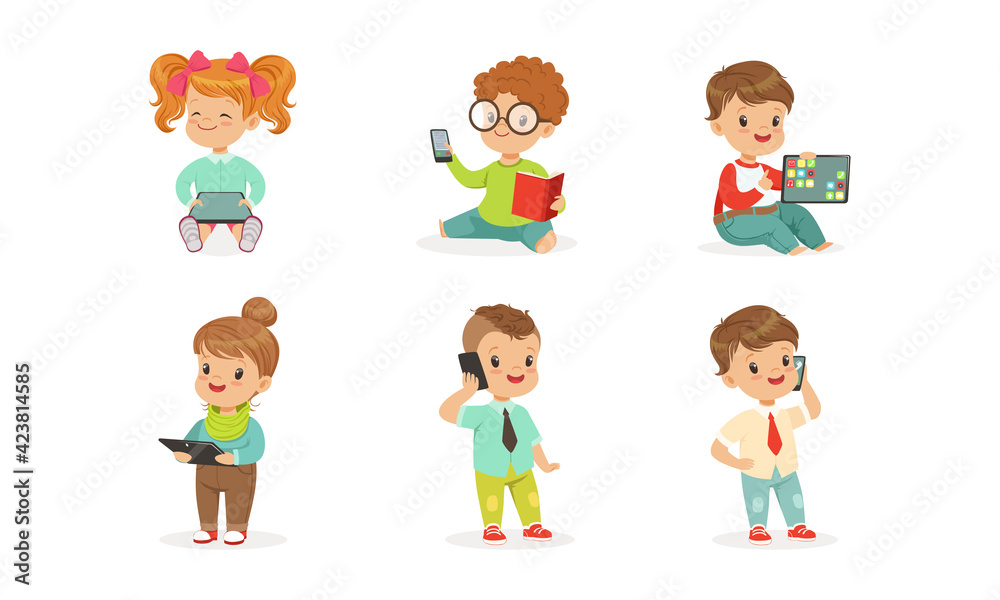 Cute Kids Using Modern Gadgets Set, Little Boys and Girls Learning, Communicating and Playing with Tablets PC and Smartphones Cartoon Vector Illustration Cute Kids Using Modern Gadgets Set, Little Boys and Girls Learning, Communicating and Playing with Tablets PC and Smartphones Cartoon Vector Illustration