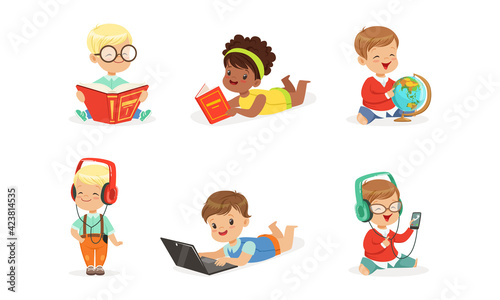 Cute Kids Reading Books and Listening Music Set  Little Children Doing Various Activities Cartoon Vector Illustration
