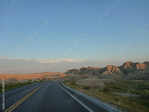 Landscape view of the unusual rock formations at Badlands National Park in South Dakota near sunset