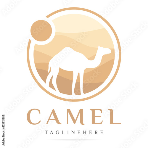 Arabian Logo Camel in desert dunes on beige color gold sand under hot sun in circle wavy pattern background.Design template icon,badge, pictogram,symbol,tourism sign,travel,hot places.Vector isolated