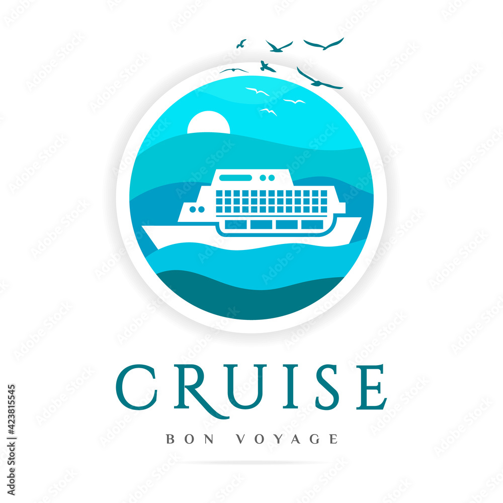 Sea cruise abstract logo,ship business icon,sign ocean liner voyage travel,symbol boat and royal yacht club graphic design template on the waves blue lines background.Vector isolated illustration.