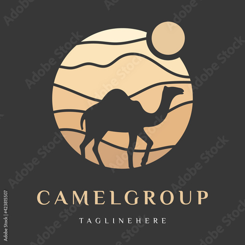 Arabian Logo Camel in desert dunes on beige color gold sand under hot sun in circle wavy pattern background.Design template icon,badge, pictogram,symbol,tourism sign,travel,hot places.Vector isolated