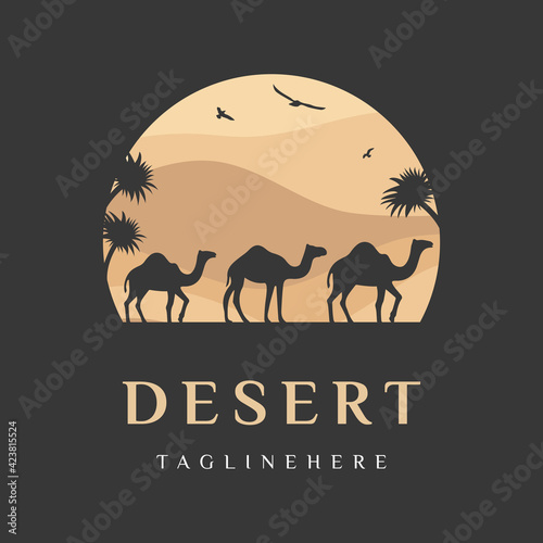 Arabian Logo Camel in desert dunes on beige color gold sand under hot sun in circle wavy pattern background.Design template icon,badge, pictogram,symbol,tourism sign,travel,hot places.Vector isolated