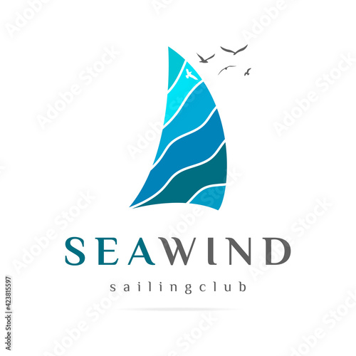 Sea cruise abstract logo,ship business icon,sign ocean liner voyage travel,symbol boat and royal yacht club graphic design template on the waves blue lines background.Vector isolated illustration.
