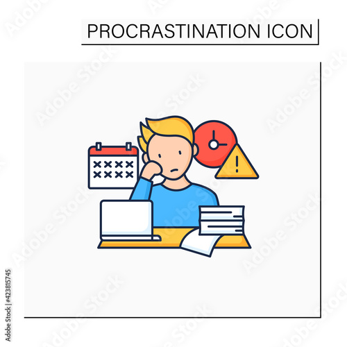 Delaying deadlines color icon.Schedule gets out. Task execution delay.Postpone unpleasant tasks for later. Procrastination concept. Isolated vector illustration