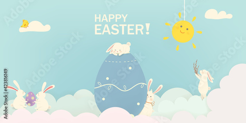Happy Easter. Easter Rabbit Bunny with eggs, balloon. Cute cartoon rabbit character with chicken, Paschal egg. Design template for Banner, flyer, invitation, greeting card, poster.
