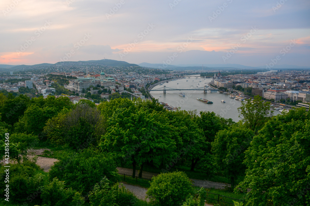 Budapest, Hungary - June 20, 2019: Panoramic view to the city from Citadella