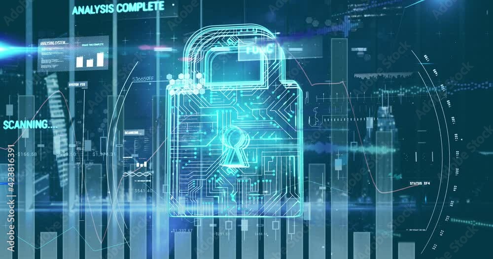 Animation of online security padlock, scope scanning and data processing