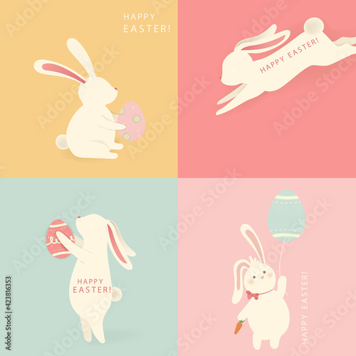 Happy Easter. Easter Rabbit Bunny standing behind a blank sign, showing on big blank sign. Cute, funny cartoon rabbit character with white copy space. vector illustration.