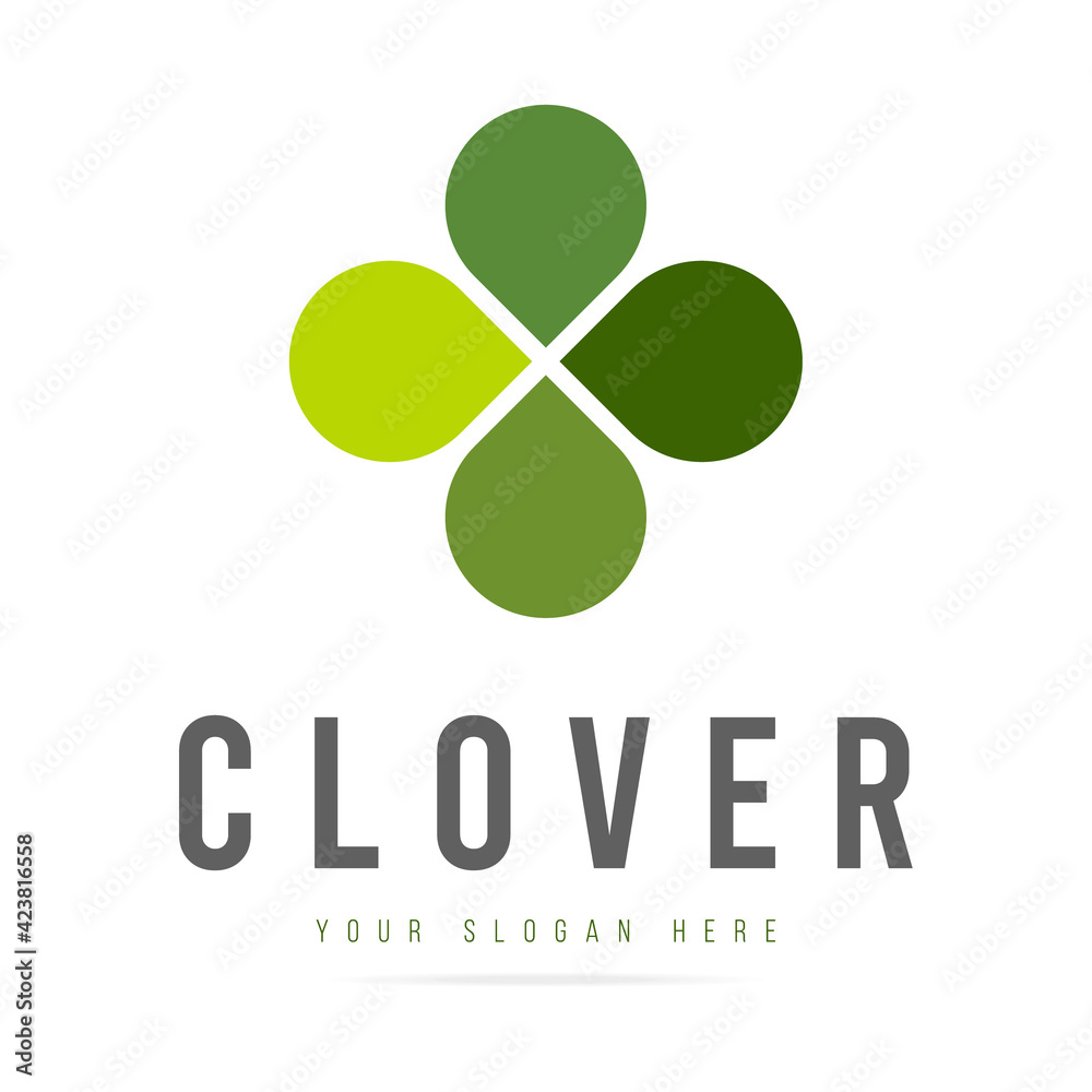 Abstract green clover logo four leaves heart shape,icon irish shamrock luck,sign ecological business company,symbol nature eco.Graphic design template.Simple clean vector logotyp isolated illustration