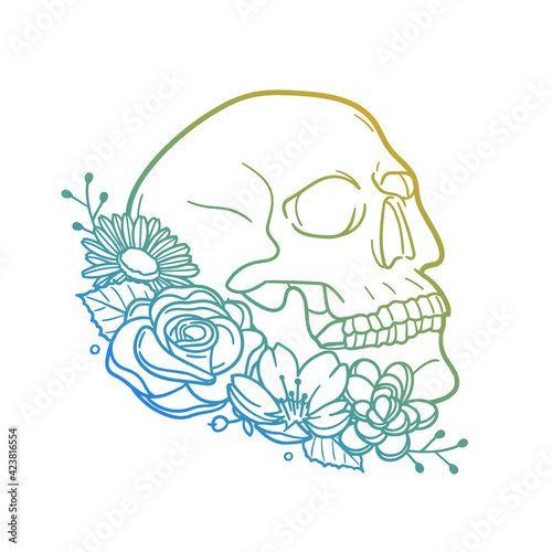 Skull Rose Flower with Vintage Cranium Design. Head Skeleton Floral frame ornament vector style. Decoration Design Wreat illustration.