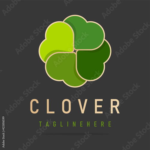 Abstract green clover logo four leaves heart shape,icon irish shamrock luck,sign ecological business company,symbol nature eco.Graphic design template.Simple clean vector logotyp isolated illustration