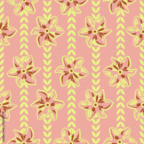 Vector yellow pink flowers leaves seamless pattern