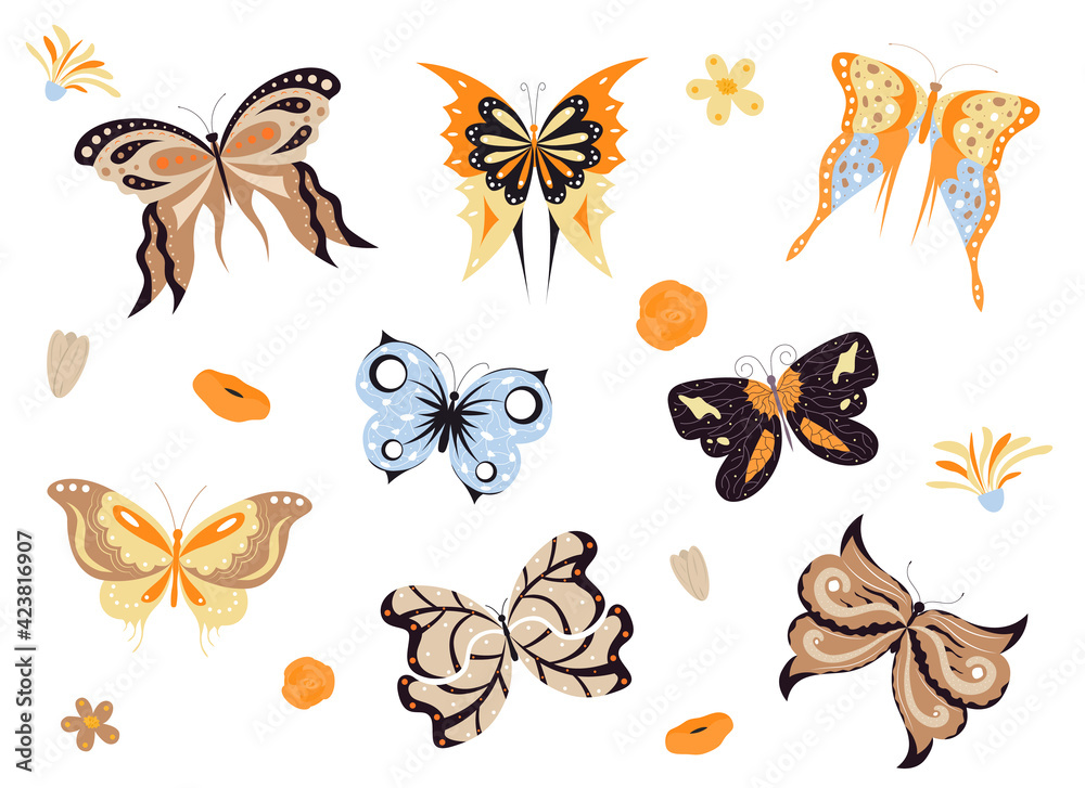 Cartoon Color Different Fly Butterflies Icon Set. Vector