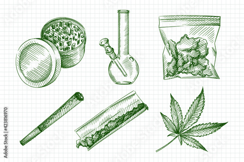Hand drawn sketch set of Weed smoking tools. Marijuana smoking. Weed grinder, Marijuana Leaf, Glass bong, weed pocket, rolling marijuana blunt; marijuana blunt; rolled cannabis, cigarette	