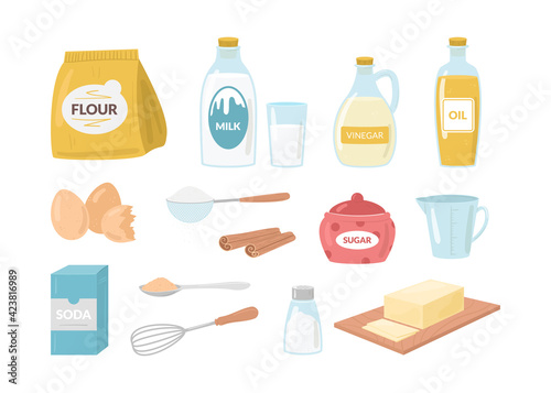 Cartoon Color Cake Baking Ingredient Icon Set. Vector