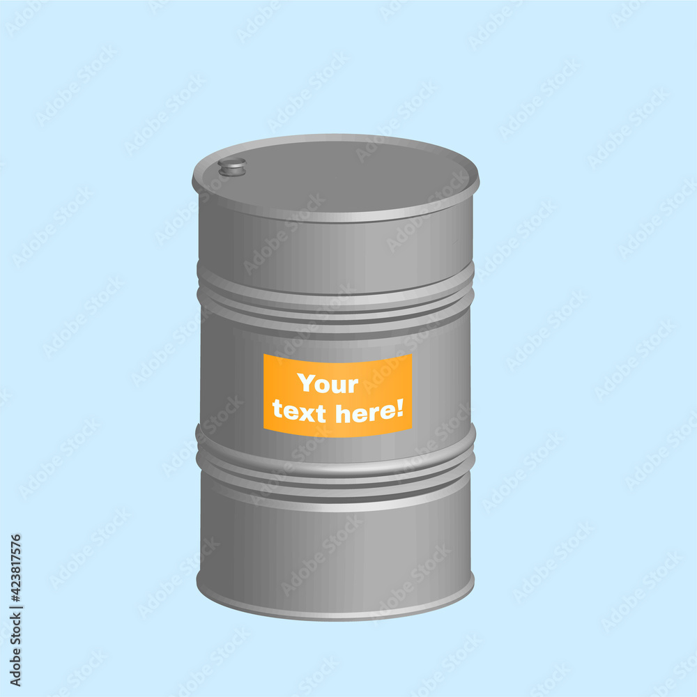 Gray metallic barrel in realistic style with warning inscription. Vector illustration isolated on blue background. Gray metallic barrel in realistic style with warning inscription. Vector illustration isolated on blue background.