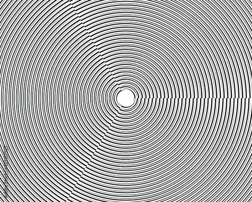  Black halftone dots in vortex form. Geometric art. Trendy design element.Circular and radial lines volute, helix.Segmented circle with rotation.Radiating arc lines.Cochlear