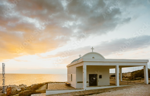 Agioi Anargyroi church at Cape Greco sunrise Mediterranean Sea coast Cyprus