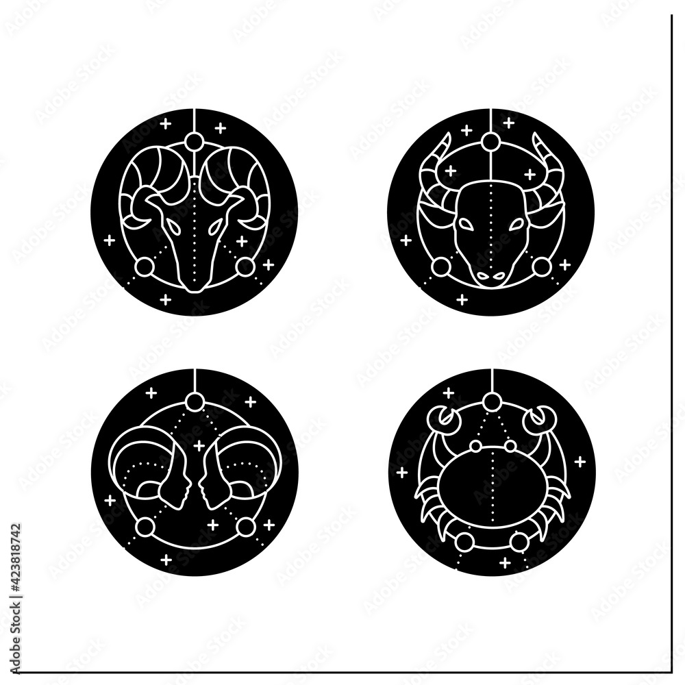 Fototapeta premium Zodiac glyph icons set. Fourth fire signs in zodiac. Birth symbols.Cancer, gemini, aries, taurus. Mystic horoscope signs.Astrological science.Filled flat sign. Isolated silhouette vector illustrations