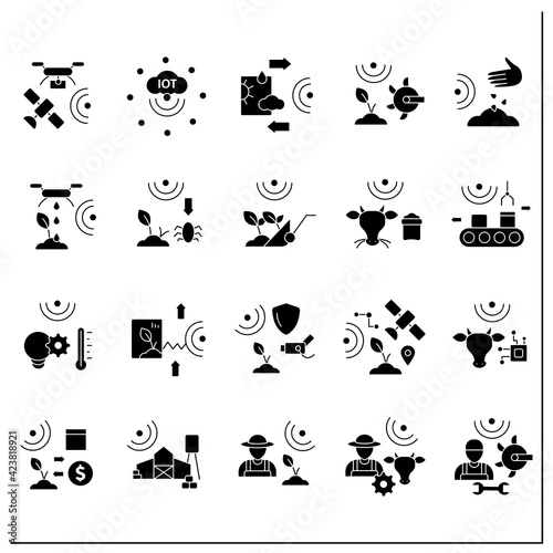 Smart farm glyph icons set. Consist of IoT sensors, irrigating land, pests and weeds elimination.Agricultural innovation concepts.Filled flat signs. Isolated silhouette vector illustrations