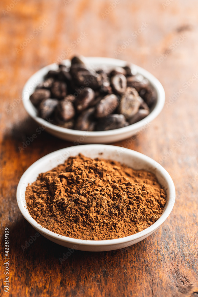 Roasted cocoa beans and cocoa powder in bowl Roasted cocoa beans and cocoa powder in bowl