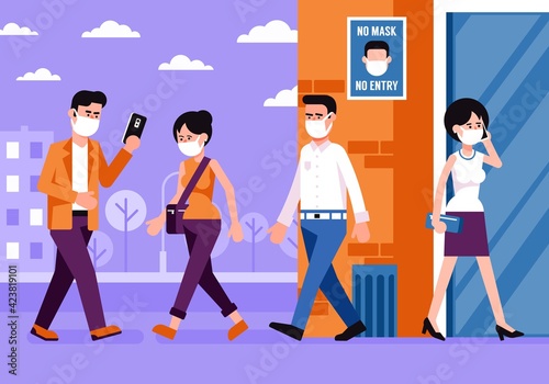 New normal - people in medical masks on the streets of the city. Prevention against covid-19. Vector illustration.