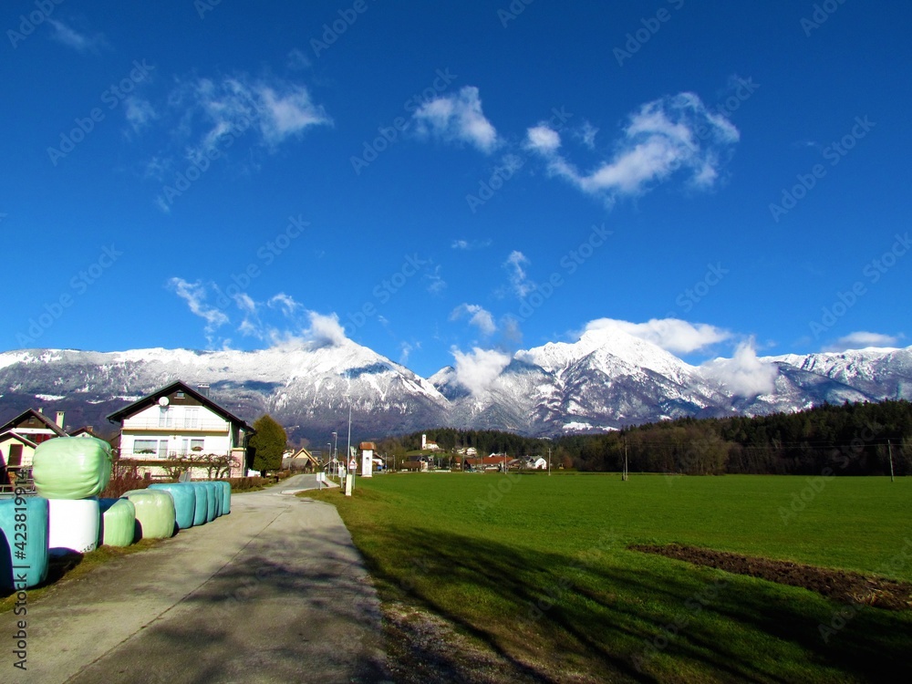 View of snow covered peak of Kamnik-Savinja alps from Tenetise village in Gorenjska, Slovenia with house on one side and a meadow and forest on the other