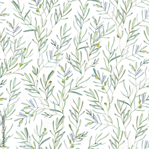 Fototapeta Naklejka Na Ścianę i Meble -  Seamless watercolor pattern with sprawling olive branches with fruit. Mediterranean plants. Weddings, summer and spring holidays. For packaging, invitations, cards
