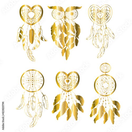 Boho chic dreamcatcher illustration set. Hindu paisley motifs. Gold spirituality, prints, ornamental floral elements with henna design, golden stickers