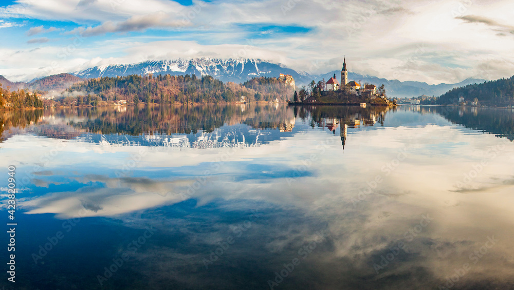 view of Lake Bled  island  castle and town, Slovenia