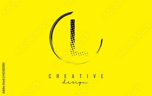 L letter logo design with black squares and circle frame on bright yellow background.