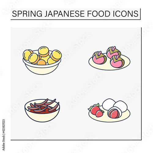 Japanese food color icons. Spring delicates. Ichigo daifuku, ikanago, sakura mochi, ume. Tradition meal. Isolated vector illustrations photo
