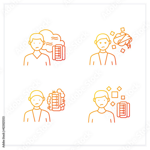 Information overload gradient icons set. Consists of cognitive dissonance, comparative research method, data smog.Isolated vector illustrations.Suitable to banners, mobile apps and presentation