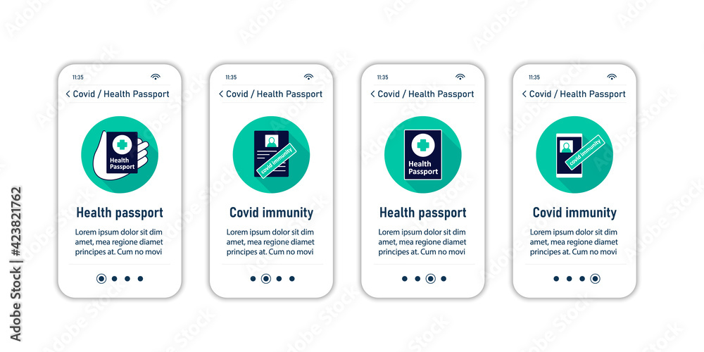 Health passport onboarding mobile app screens.Information about health status. Covid passport collections.Vaccination card steps menu. Set of UI, UX, web template with RGB color linear icons