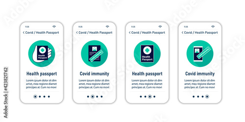 Health passport onboarding mobile app screens.Information about health status. Covid passport collections.Vaccination card steps menu. Set of UI, UX, web template with RGB color linear icons