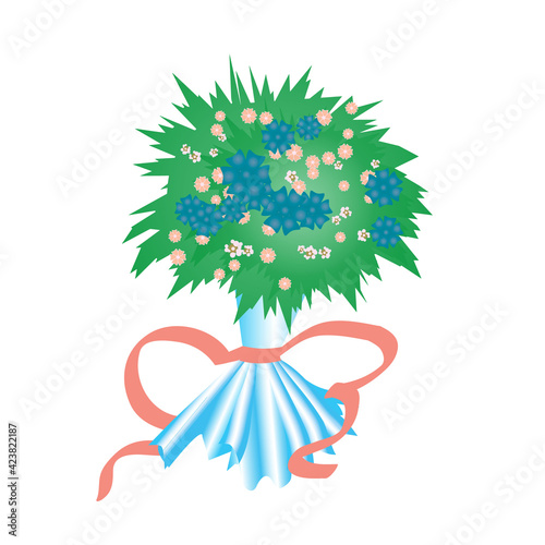 Bouquet of wildflowers packed with cellophane foil and a red ribbon. Vector illustration.