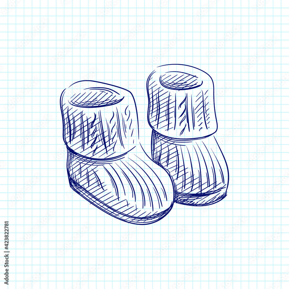 Hand drawn sketch of Knitted baby booties on a white background. Black and white sketch of Knitted booties. Baby items.
Hand drawn sketch of Knitted baby booties on a white background. Black and white sketch of Knitted booties. Baby items.