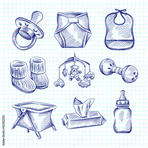 Hand drawn sketch set of baby and infants items. Pacifier, diapers, baby feeding bib, knitted baby booties, bed carousel, hanging rattle, noise rattle, playpen, wet wipes, milk bottle with pacifier.	
